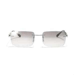 Modern rimless rectangular sunglasses with grey gradient lenses and silver metal bridge