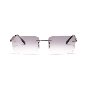 Futuristic rimless square sunglasses with purple gradient lenses and silver metal frame