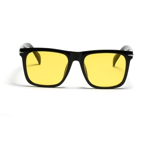 Square oversized black frame sunglasses with yellow lenses and silver rivet detailing