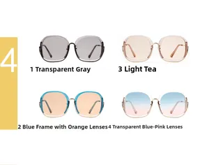 Four different color options of square oversized sunglasses with gradient and ocean lenses