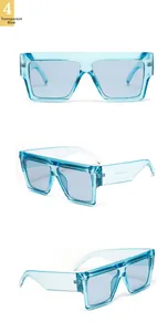 Three-angle views of transparent blue square frame sunglasses with flat lenses
