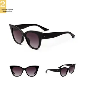 Detailansicht der schwarzen Cat-Eye-Sonnenbrille mit grauen Verlaufsgläsern und Metalldetails