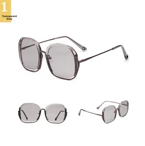 Three-view detail of transparent grey square sunglasses with slim metal temples