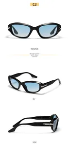 Detailansicht der rechteckigen Sonnenbrille mit schwarzem Rahmen und blauen Gläsern
