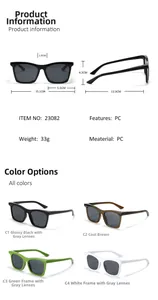 Detailed size chart and four color options for square frame sunglasses with PC material