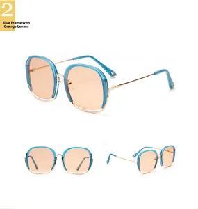 Detailed view of fashion square sunglasses featuring a blue frame and orange lenses