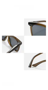 Detailed close-up of metal hinges and square brown transparent frames of sunglasses