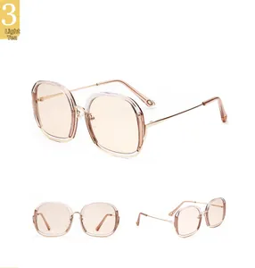 Detail of square oversized metal sunglasses with light tea lenses in various angles