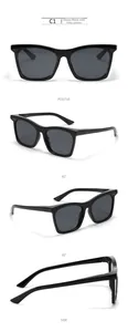 Detailed views of black square frame sunglasses with grey lenses and CE marking