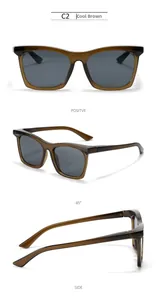 Detailed views of translucent brown square sunglasses C2 with gray lenses from three angles
