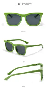 Three-way view of square green frame sunglasses with grey lenses and plastic frame