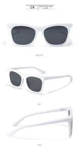 Detailed views of retro white square sunglasses with dark grey lenses and metal hinges