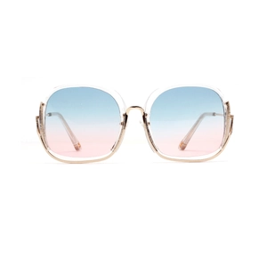 Oversized square sunglasses with gradient blue-pink lenses and gold metal frames