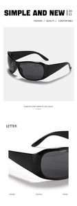 Detail view of Y2K futuristic rectangular sunglasses featuring sleek black frames