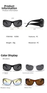 Detailed size specifications and multi-color chart for Y2K style square sunglasses