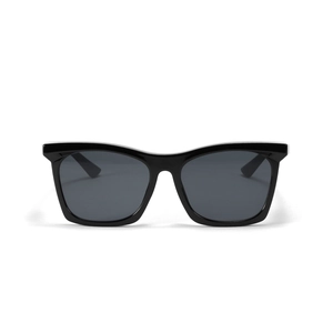 Classic glossy black square frame sunglasses with dark grey lenses in a full-frame design