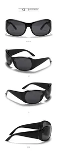 Classic black Y2K wrap-around sunglasses shown from multiple angles in a detailed view