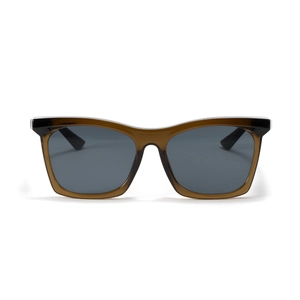 Fashionable oversized square sunglasses with translucent dark brown frame and grey lenses