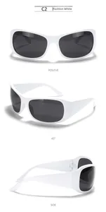 Three-angle views of Y2K futuristic white square sunglasses with dark grey lenses