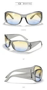 Three-angle view of Y2K square sunglasses with translucent grey frames and gradient lenses