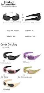 Vue détaillée des dimensions et des cinq couleurs de lunettes de soleil ovales Y2K