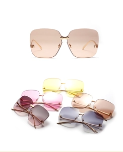 Gros plan de lunettes de soleil sans monture avec verres dégradés colorés et détails en métal