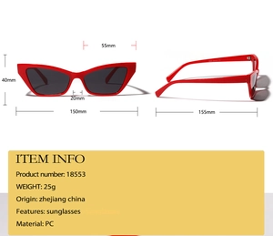 Detailed size specifications of red cat eye sunglasses with accurate measurements