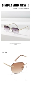 Detail of rimless square sunglasses featuring gradient lenses and wavy gold metal temples
