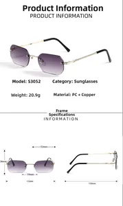Detailed dimensions and purple gradient lenses for rimless polygon vintage sunglasses