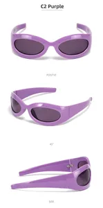 Vues détaillées de lunettes de soleil Y2K violettes montrant les angles de profil et face
