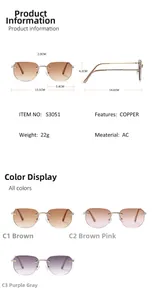 Detailed size chart and material specs for rimless geometric fashion sunglasses
