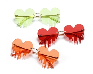 Three colors of heart-shaped rimless drip sunglasses with metal bridge and sleek temples