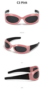 Vues détaillées de lunettes de soleil ovales rétro roses avec verres noirs