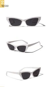 Detail view showing white cat-eye frame and grey lenses from three different angles