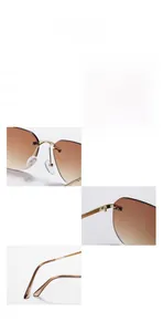 Detail shot of rimless square sunglasses with gold textured temples and brown lenses