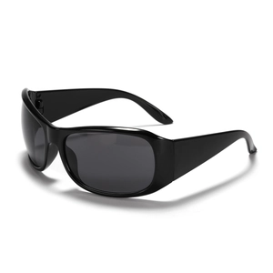 Y2K futuristic wrap-around sports sunglasses with glossy black frame and grey lenses