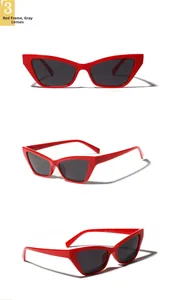 Detailed views of red cat-eye sunglasses with UV400 marking and gray lenses