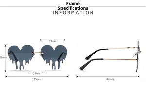 Detailed dimensions of heart-shaped rimless sunglasses with dripping lava lens design