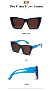 Tre viste di occhiali da sole punk cat-eye blu con lenti marroni e borchie in metallo
