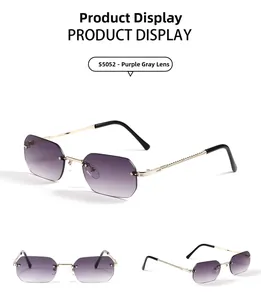 Detail view of S5052 rimless octagon sunglasses with purple-grey gradient lenses and gold legs
