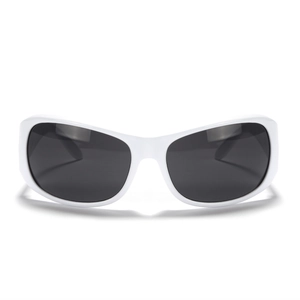 Y2K futuristic white rectangular sunglasses with dark lenses and sleek wrap design