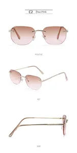 Three-way view of tea pink gradient rimless sunglasses with gold braided textured temples