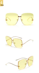 Vues sous trois angles de lunettes de soleil sans monture jaunes avec branches dorées