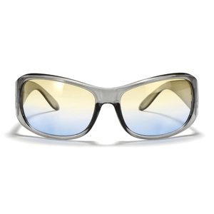 Y2K futuristic square sunglasses with grey translucent frames and gradient lenses