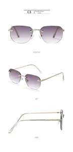 Detailed views of rimless square sunglasses with purple gradient lenses and gold textured arms