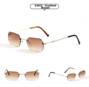 Detail views of rimless square sunglasses with gradient brown lenses and golden metal temples