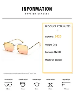 Detailed size chart for UV400 square metal sunglasses with dimensions in millimeters