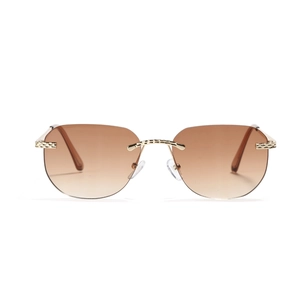 Square rimless sunglasses with brown gradient lenses and gold metal frame for fashion wear