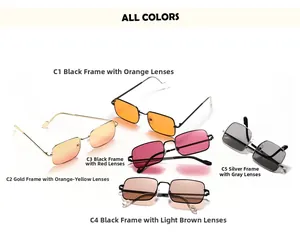 Detailed grid of vintage small metal frame sunglasses in five vibrant lens colors