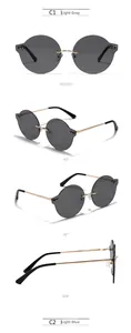 Détail de lunettes de soleil rondes sans monture avec verres festonnés et branches métal